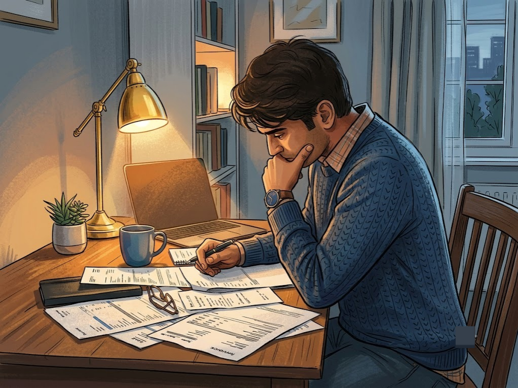 Indian man in his 30s at a home desk, several loan and bill papers spread out