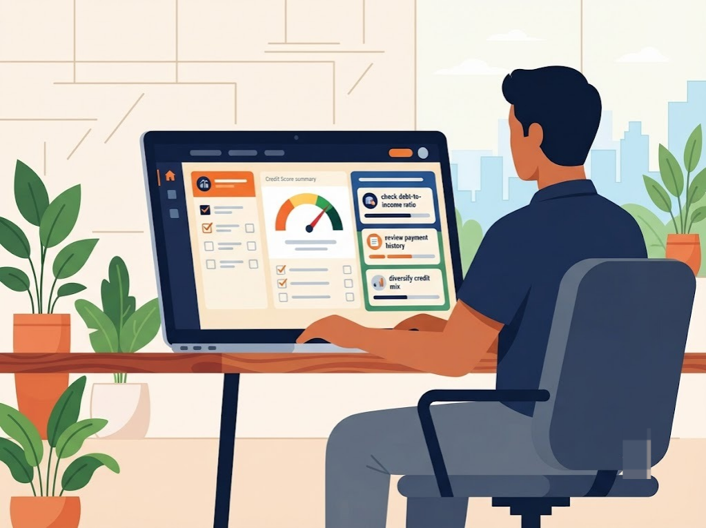 Indian man reviewing personalised credit recommendations on laptop