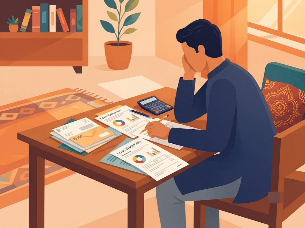 Indian man reviewing unpaid bills, insolvency financial state illustration