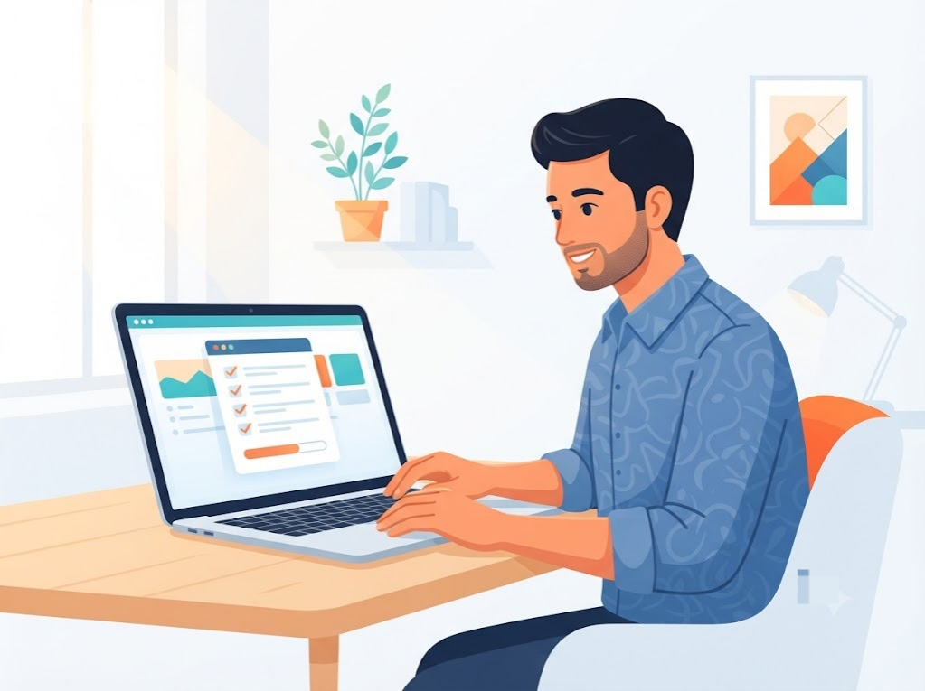 Indian man tracking steps to improve his CIBIL score on laptop