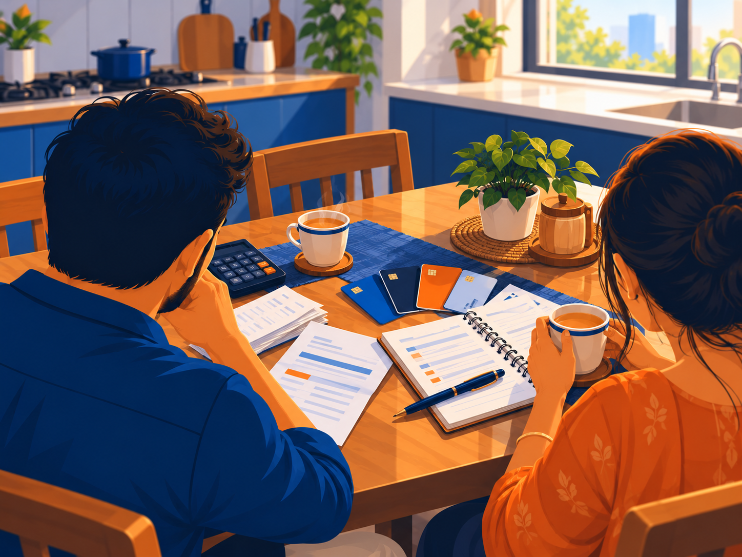 Flat illustration of an Indian family reviewing credit card bills at a home table, for indian middle class credit card debt.