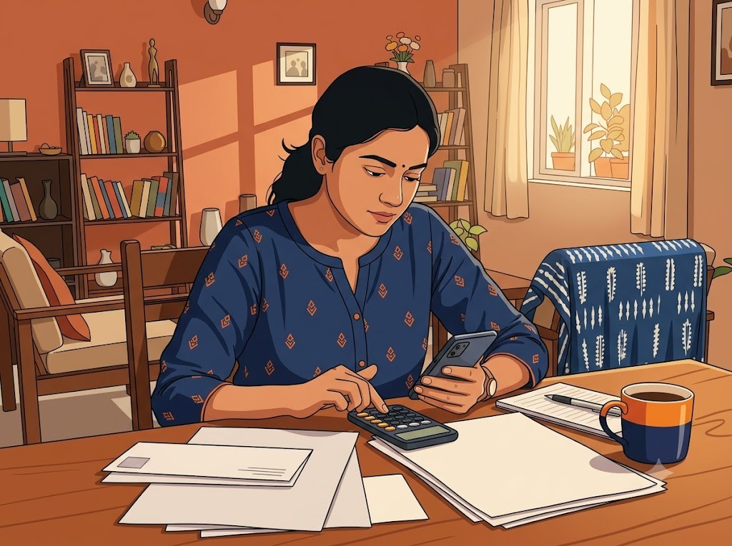 Indian person calculating debt consolidation savings on phone