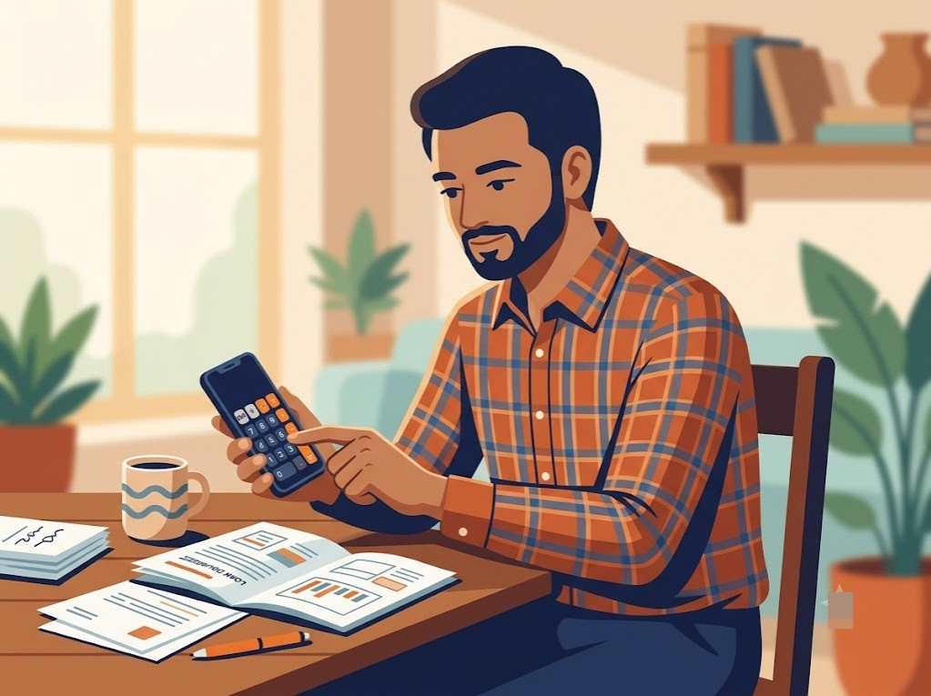 Indian person calculating EMI on phone with loan documents