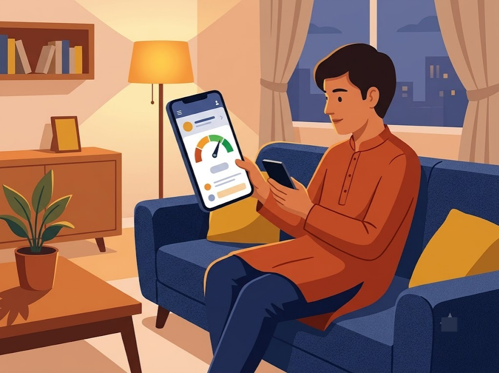 Person checking their CIBIL score using the Google Pay app on a smartphone