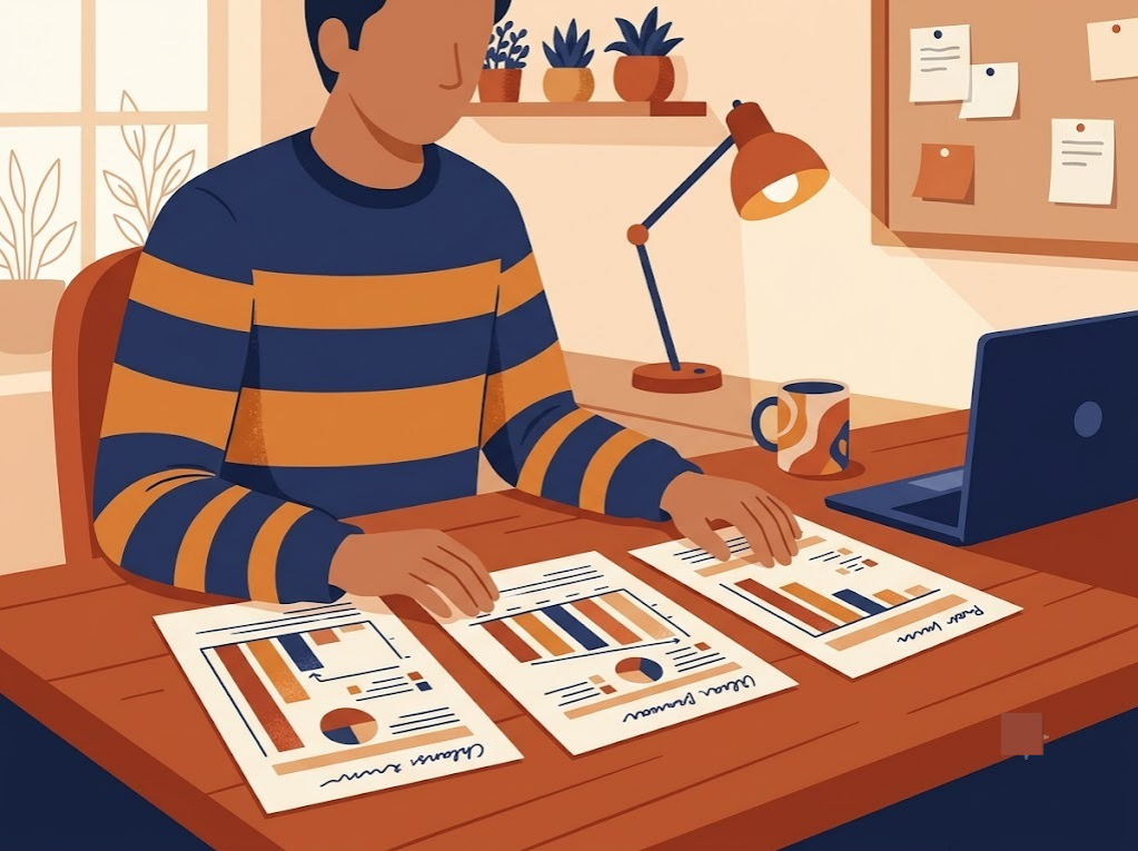 Person comparing three different credit card repayment approaches on paper