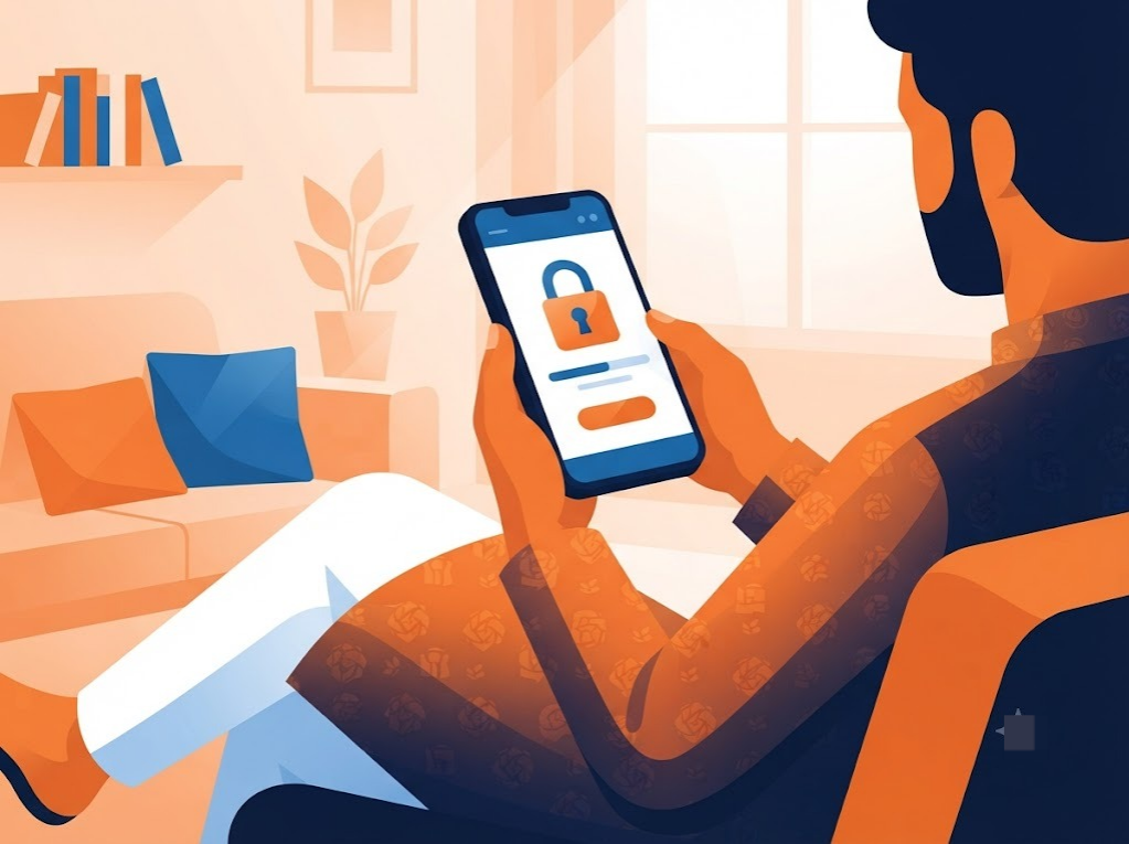 Indian person logging into a credit score account on phone at home, cibil score login illustration