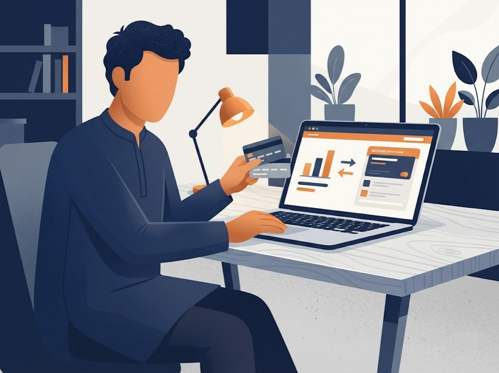 Illustration of Indian person moving credit card balance to ICICI account