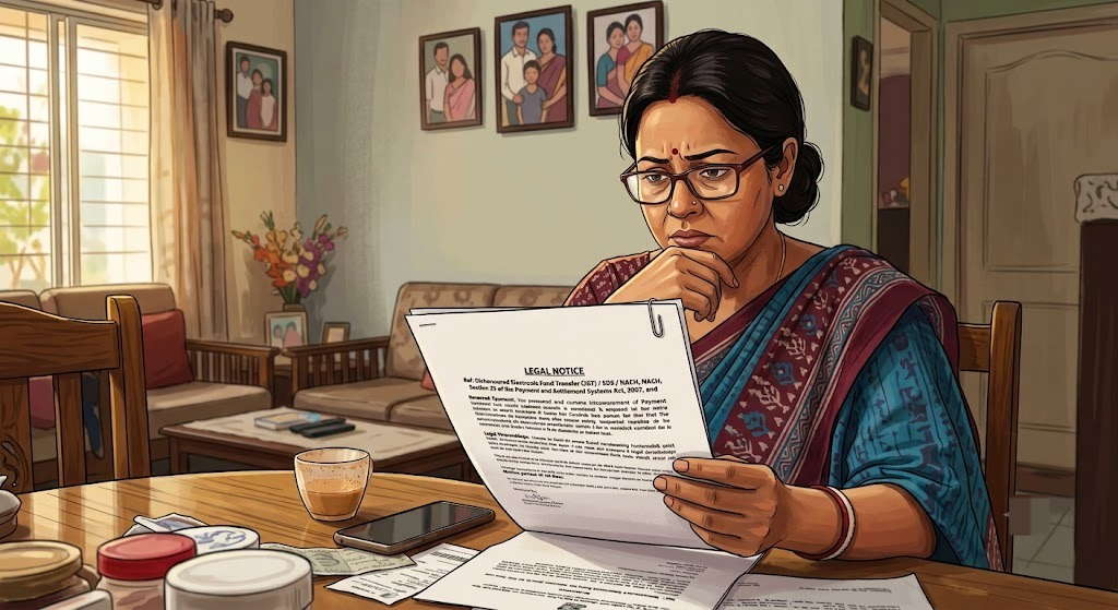Indian person reading legal notice letter about dishonoured electronic payment