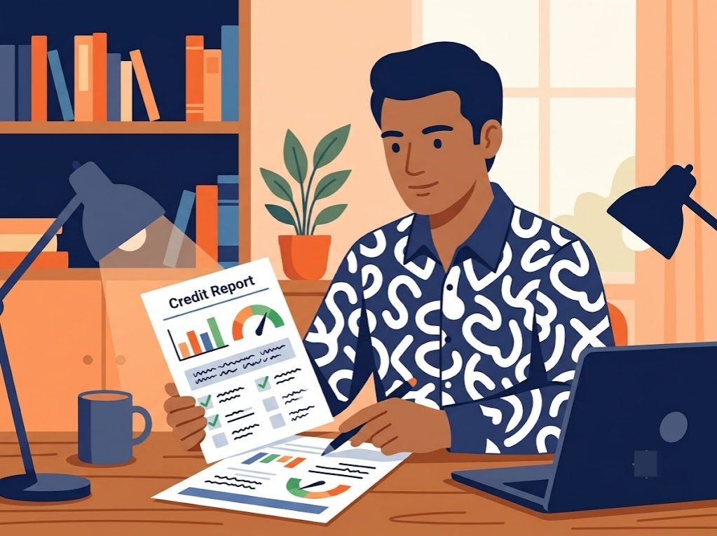 Indian person reviewing credit report to rebuild CIBIL score after loan default