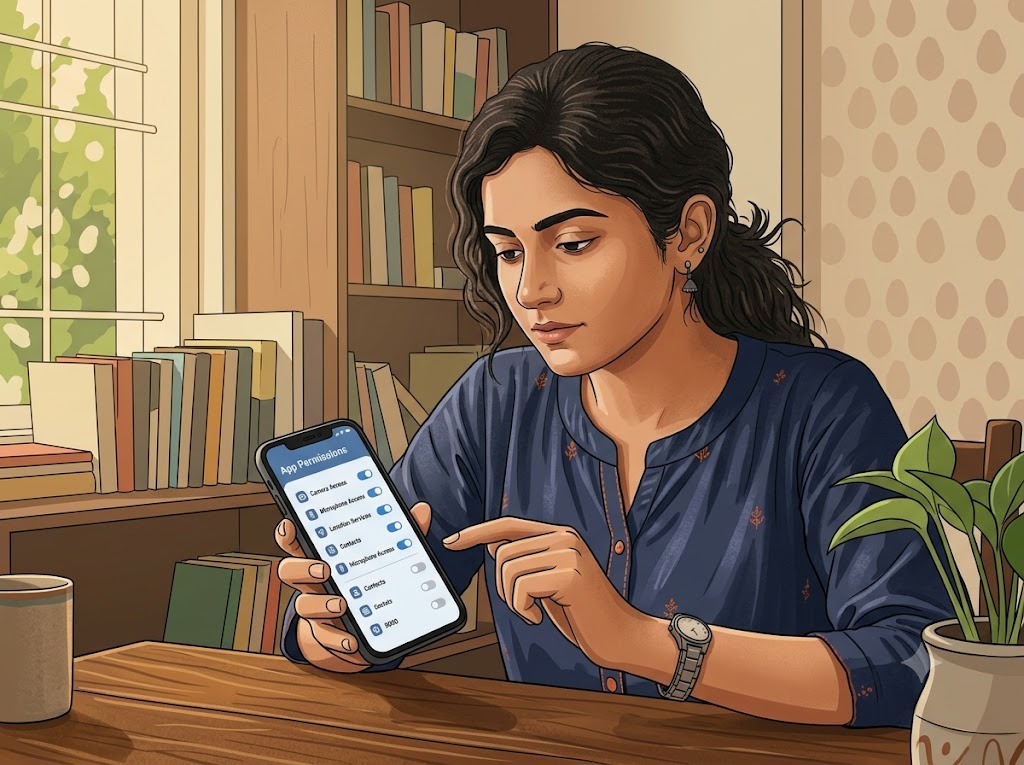 Indian person reviewing app permissions settings on phone