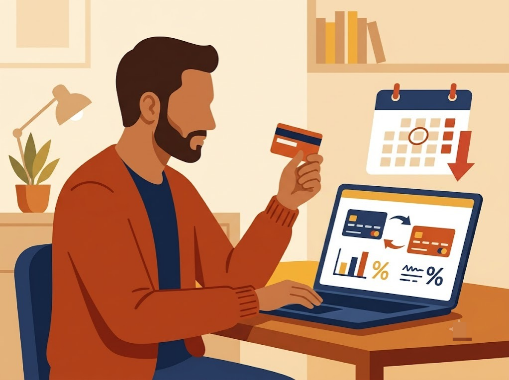 Person reviewing a balance transfer credit card offer with a promotional rate