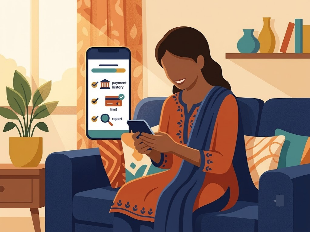 Indian person reviewing credit improvement steps on mobile app