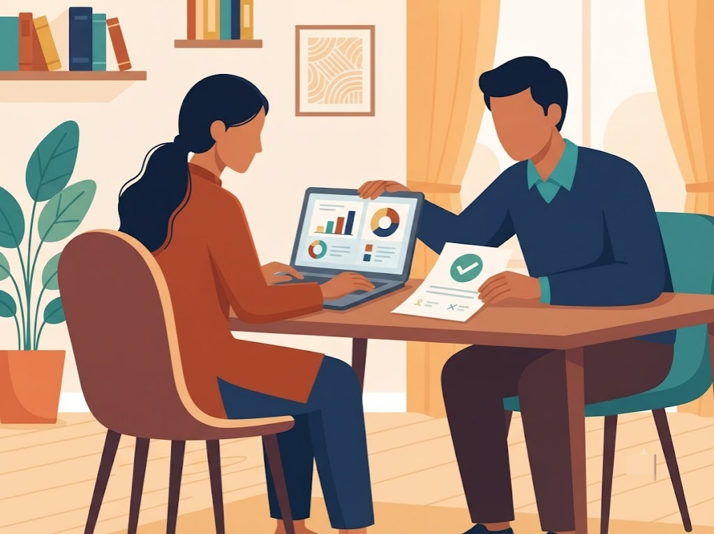Indian person reviewing a credit report on a laptop with a support figure
