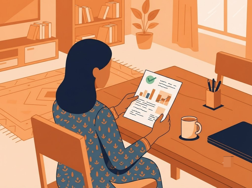 Indian person reviewing a printed credit report at home