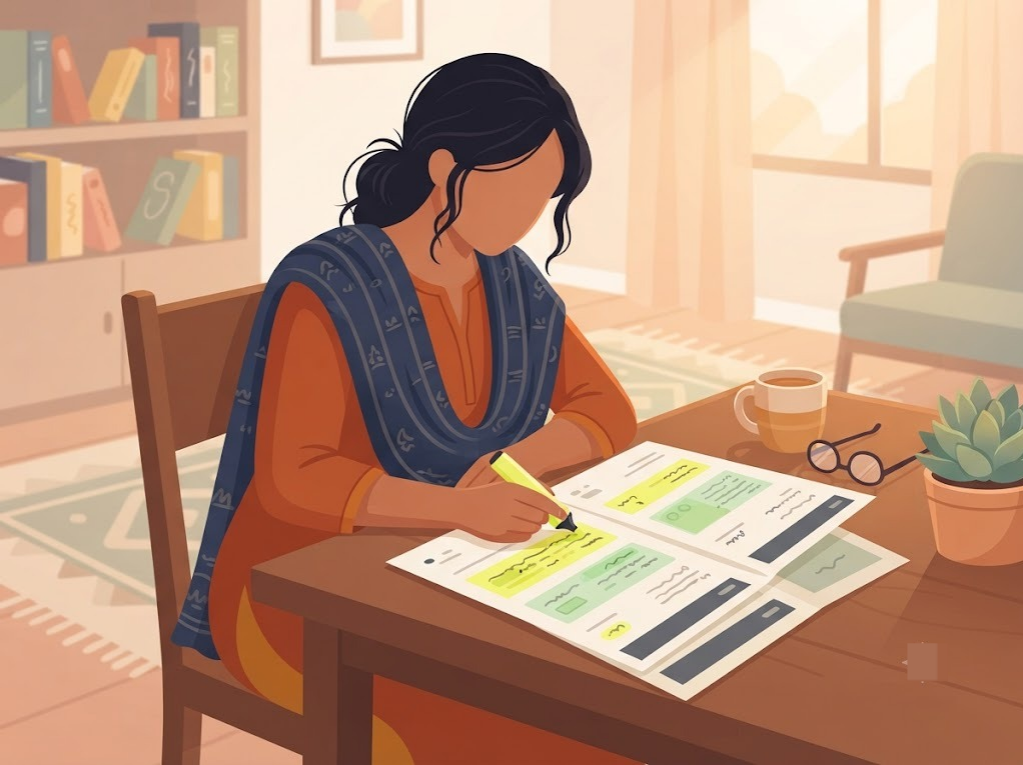 Indian person reviewing a printed credit report with sections highlighted