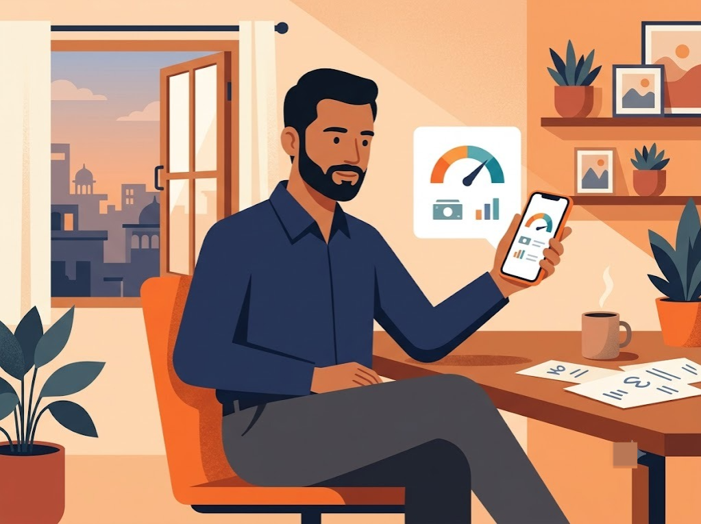 Indian professional checking overdraft usage and credit score on phone