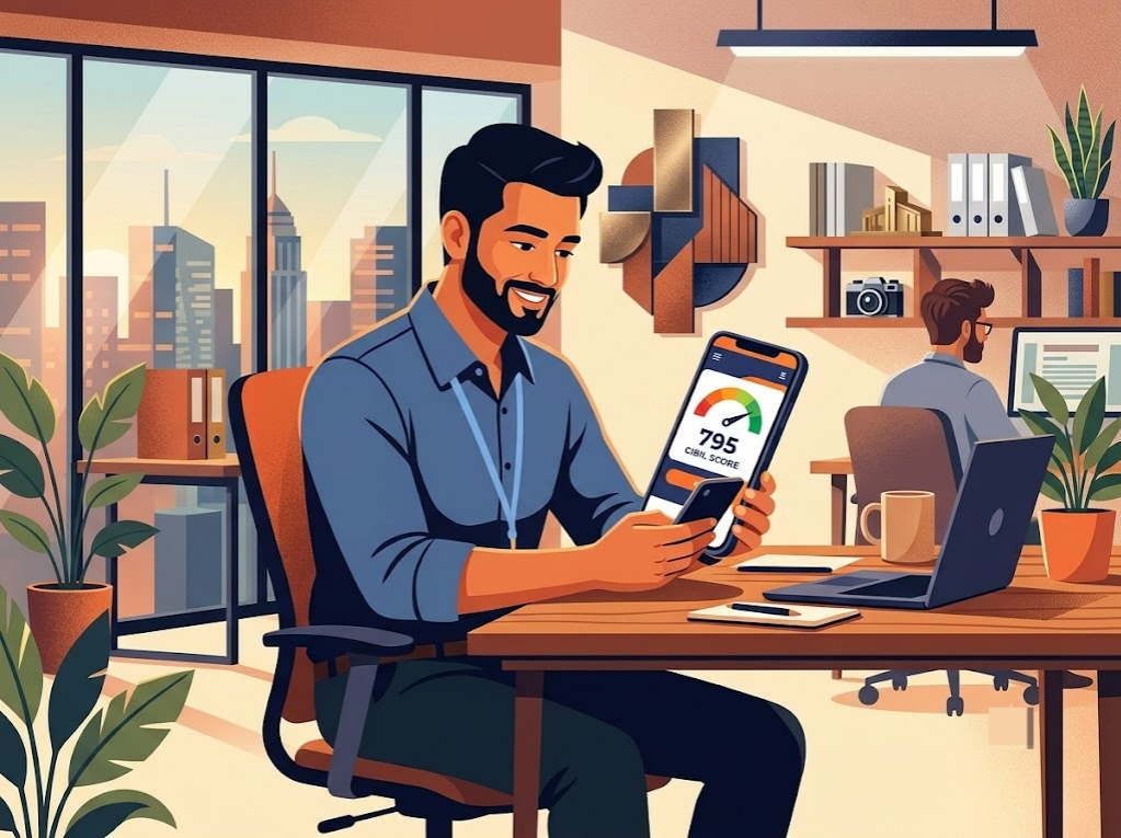 Salaried Indian professional checking their personal CIBIL score on a smartphone
