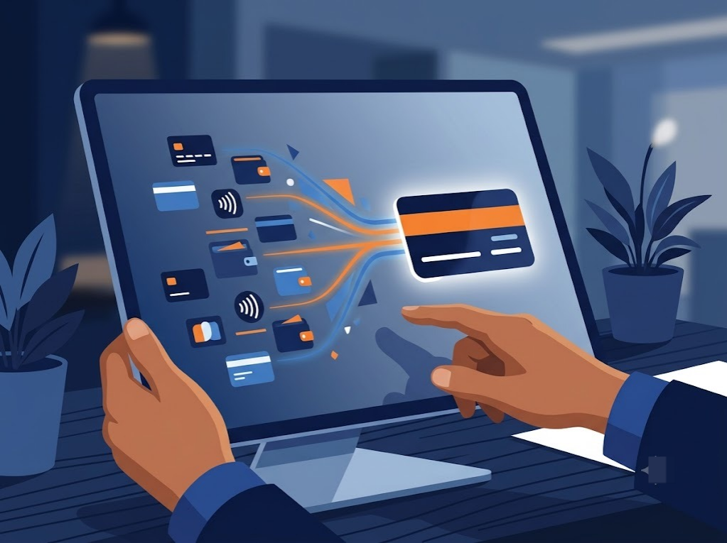 Indian professional reviewing multiple cards combined into one manageable payment