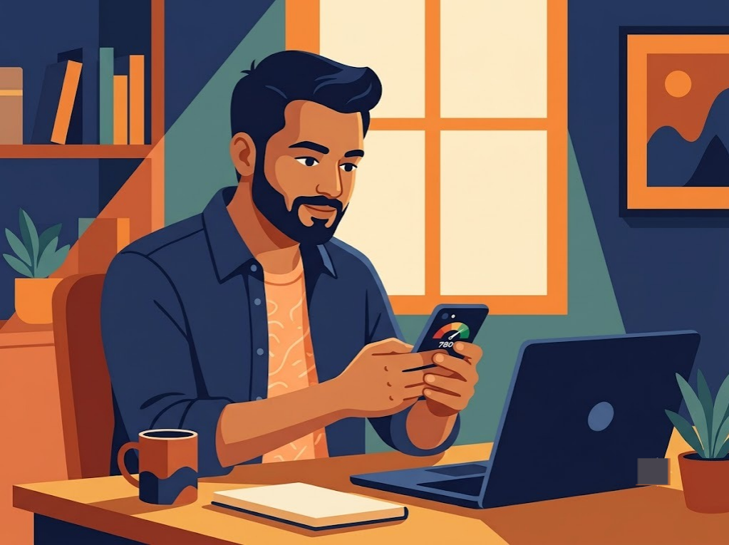 Indian professional checking a 780 CIBIL score on a credit report