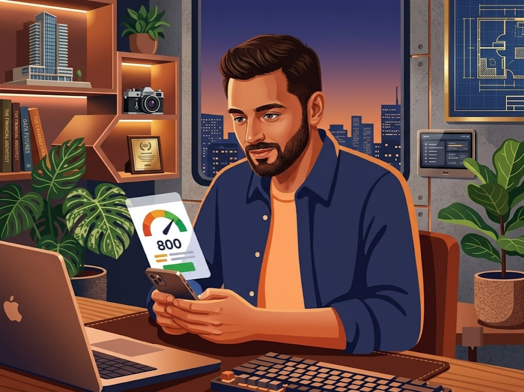 Indian professional reviewing a CIBIL score of 800 on a credit report document