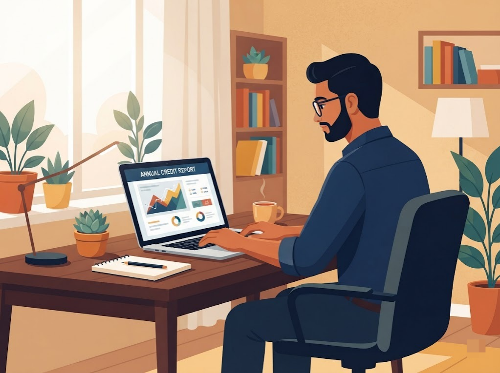 Indian professional reviewing annual credit report on laptop at home desk