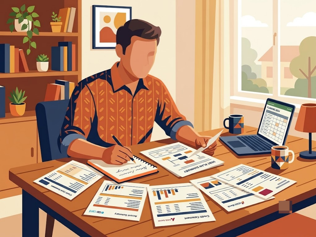 Indian professional reviewing multiple credit card balances for consolidation