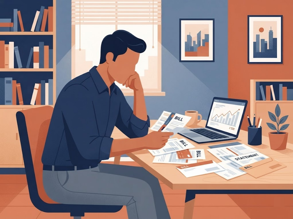 Indian professional reviewing multiple credit card bills before choosing debt consolidation