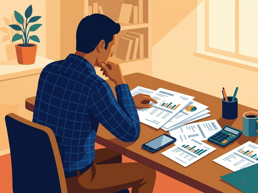 Indian professional reviewing multiple credit card statements to plan debt consolidation