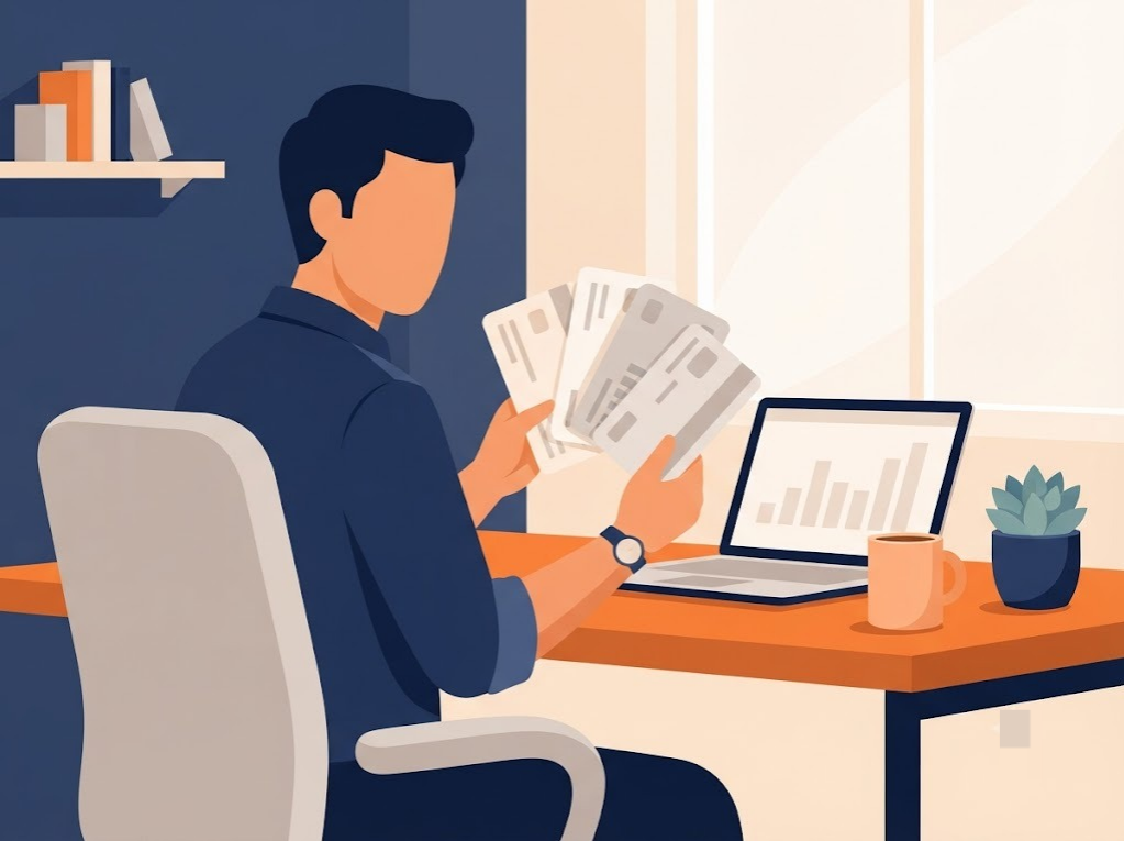 Indian professional reviewing multiple credit card statements to manage minimum payments