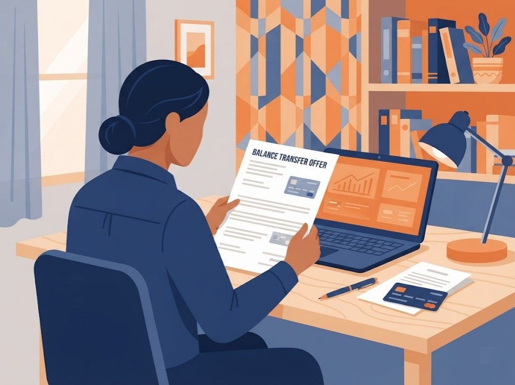 Indian salaried professional reviewing HDFC balance transfer offer letter at home