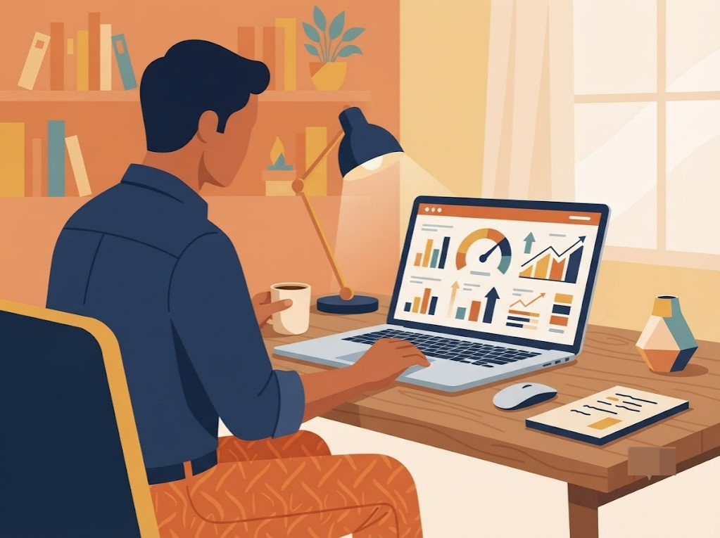 Indian professional reviewing loan credit score factors on a laptop