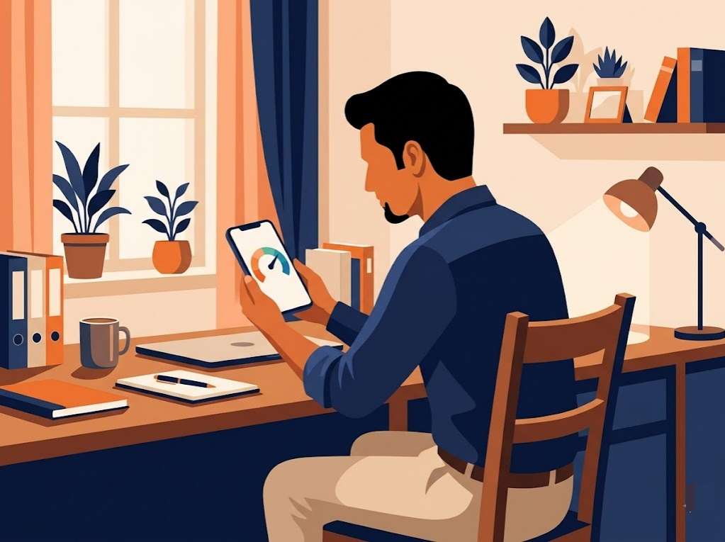 Indian salaried professional reviewing CIBIL score before personal loan application.