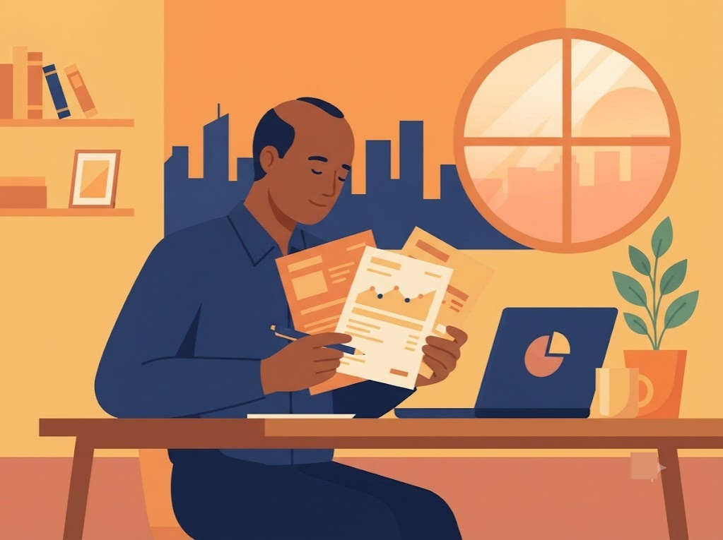 Indian professional reviewing multiple credit card statements to manage EMI burden