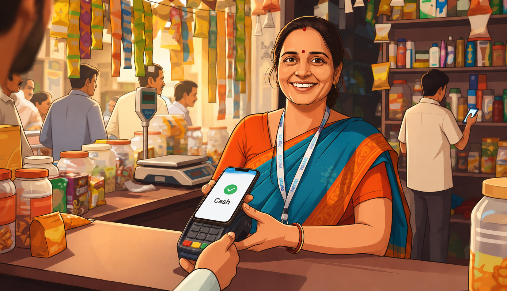 Close-up of a retail shop owner accepting a UPI payment on a card machine, everyday Indian storefront setting, hopeful and steady mood