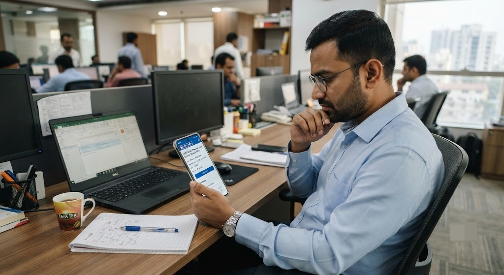 Indian salaried professional reviewing HDFC personal loan balance transfer offer on phone