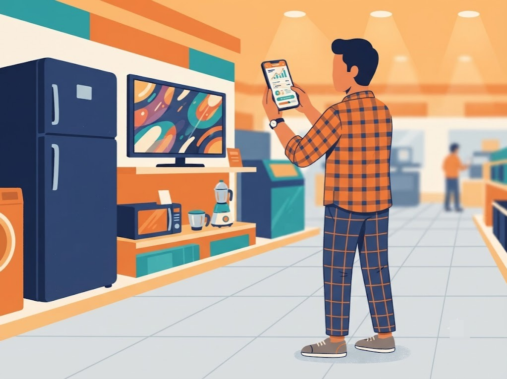 Indian shopper reviewing consumer durable loan EMI options on a phone in an appliance store.