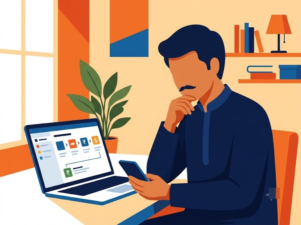 Illustration of an Indian shopper considering an easy EMI purchase offer