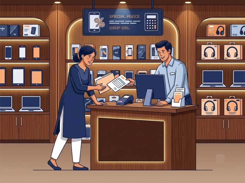 Indian woman at bank counter applying for mobile EMI with documents