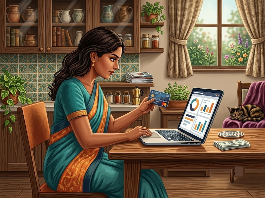 Indian woman checking her credit card usage to reach a CIBIL score of 800