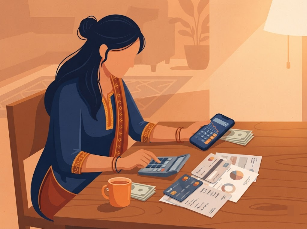 Indian woman calculating balance transfer savings with a calculator and phone