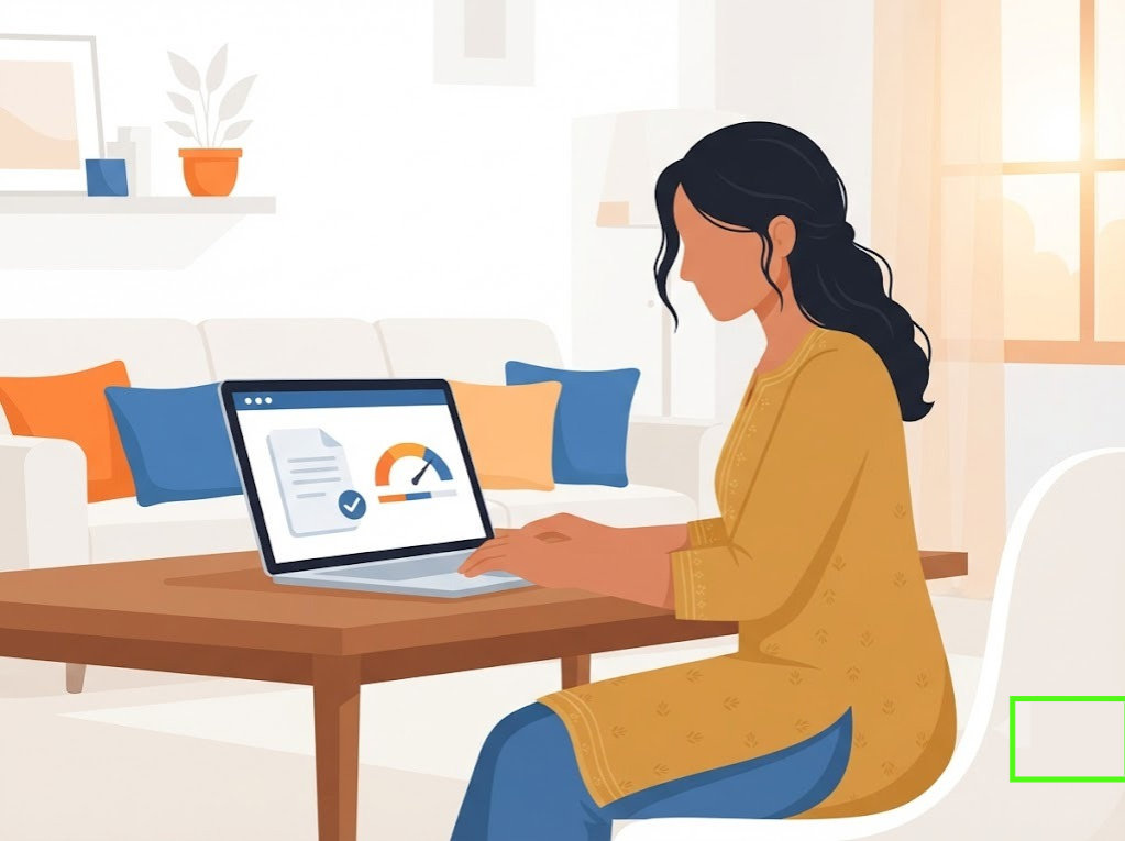 Indian woman checking CIBIL score and credit report on laptop