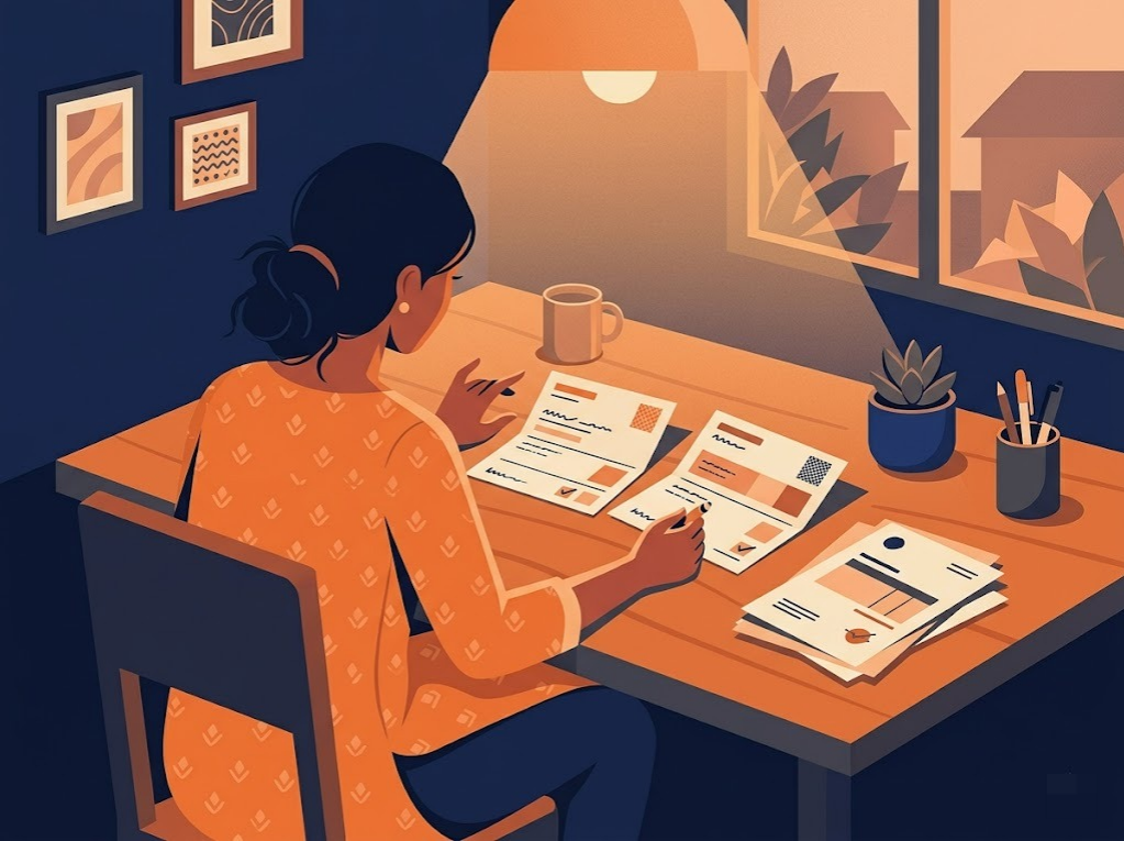 Indian woman checking multiple credit card bills and due dates at home