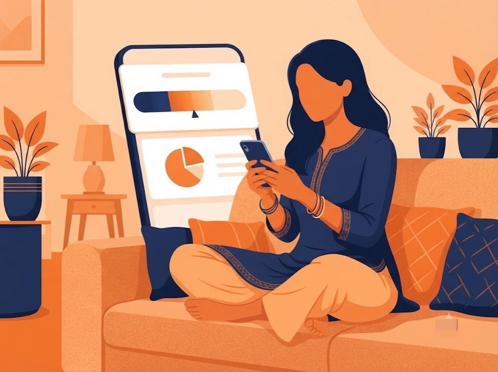Indian woman comparing her CIBIL score to the normal range on phone
