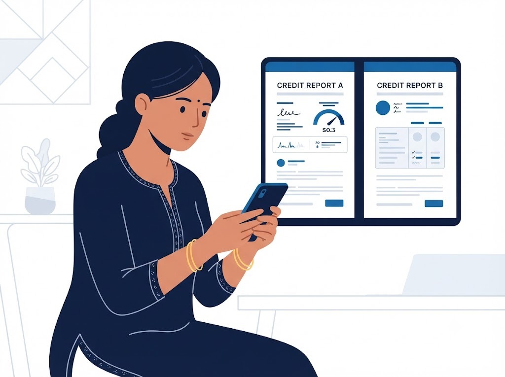 Indian woman comparing reports from different credit bureaus on phone