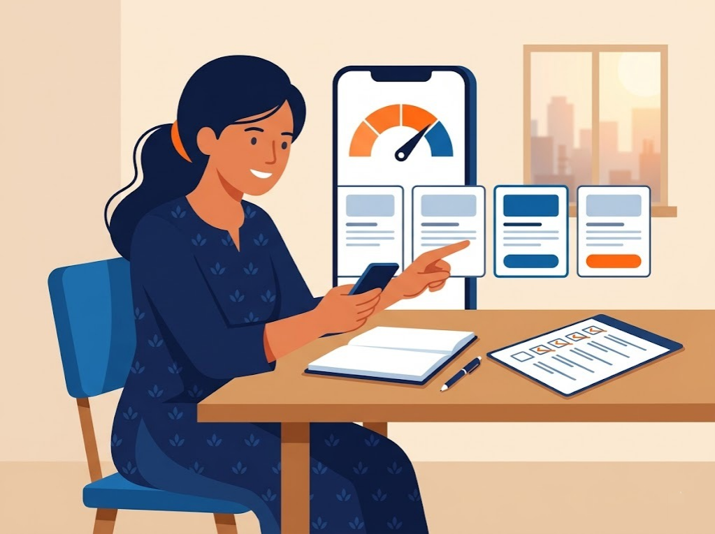 Indian woman reviewing lender offers and CIBIL score before applying for a debt consolidation loan