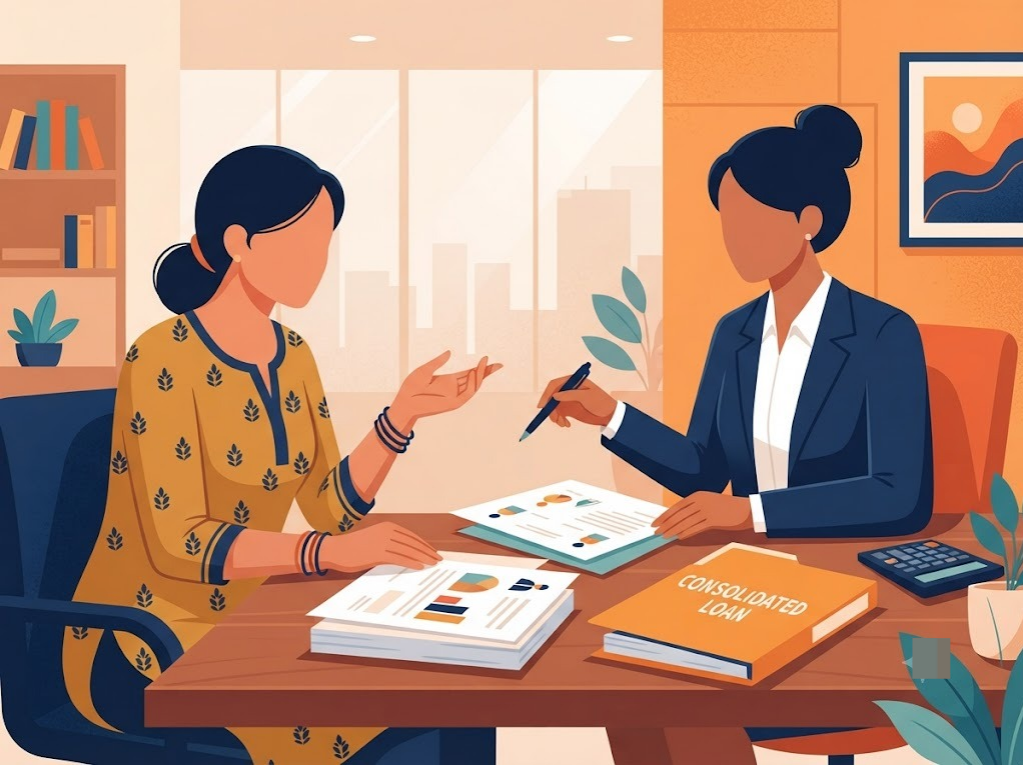 Indian woman consolidating multiple loan EMIs into one payment with financial advisor