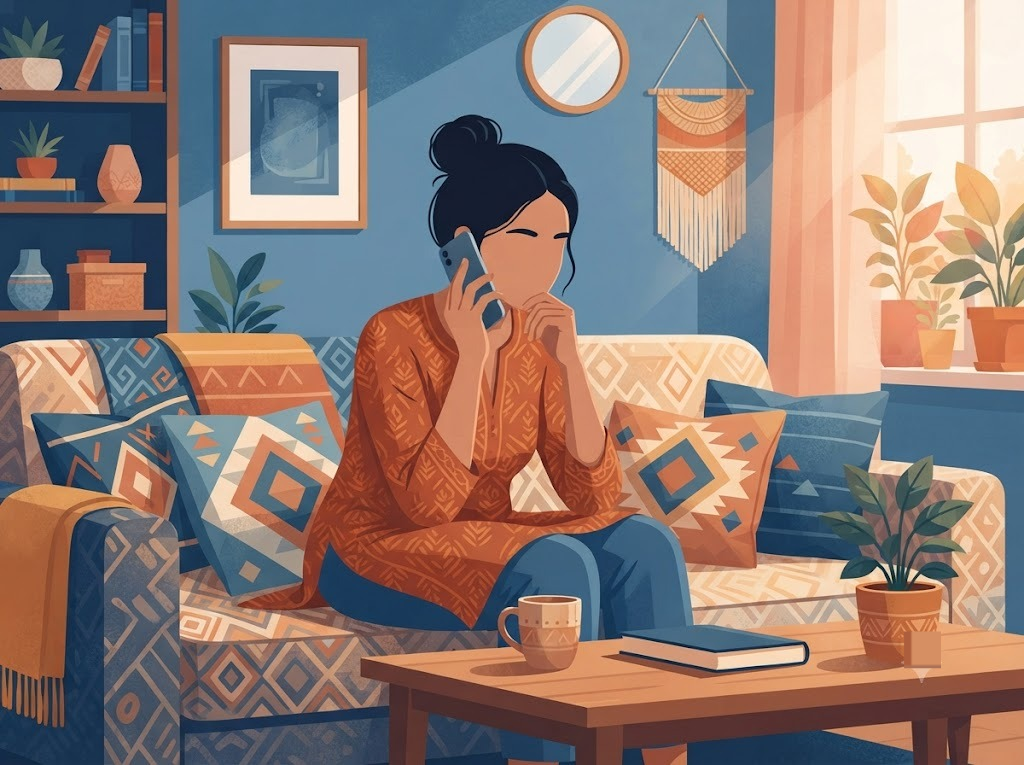 Indian woman on a call with FREED counsellor deciding between counseling and settlement