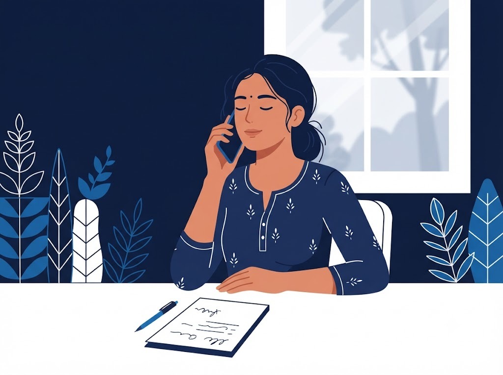 Indian woman having a calm phone consultation about her debt situation