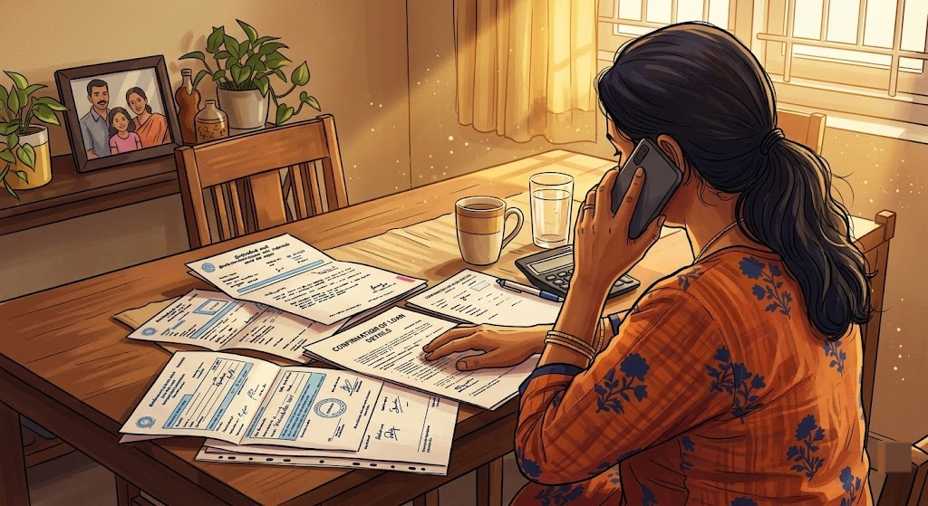 Indian woman on a phone call with a debt counselor, reviewing loan papers at home, debt management counseling
