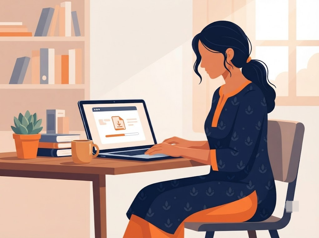 Indian woman downloading CIBIL report on laptop at home